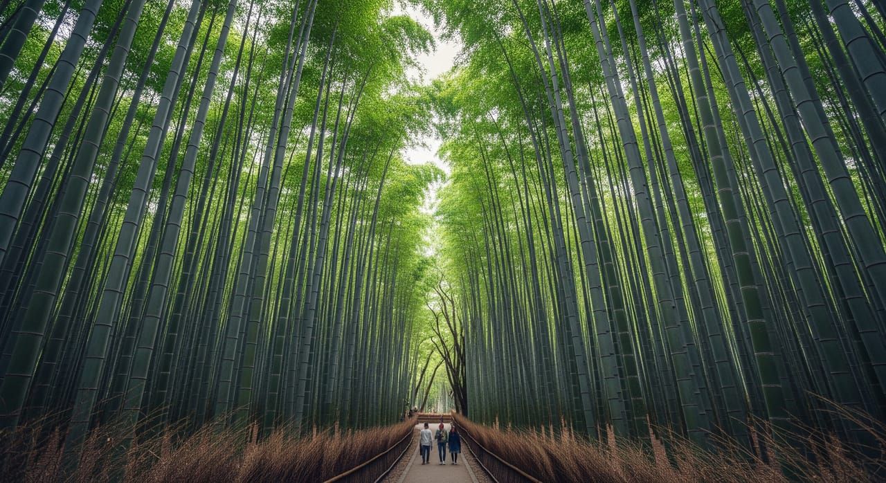 Towering green bamboo stalks forming a natural tunnel along the Sagano path in Arashiyama