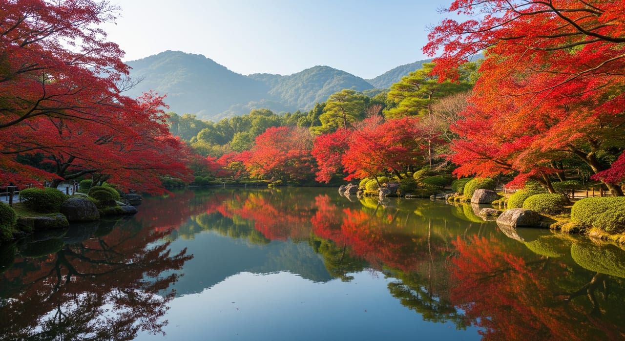 Tenryu-ji Zen garden with a still pond reflecting Arashiyama hills and raked gravel in autumn foliage