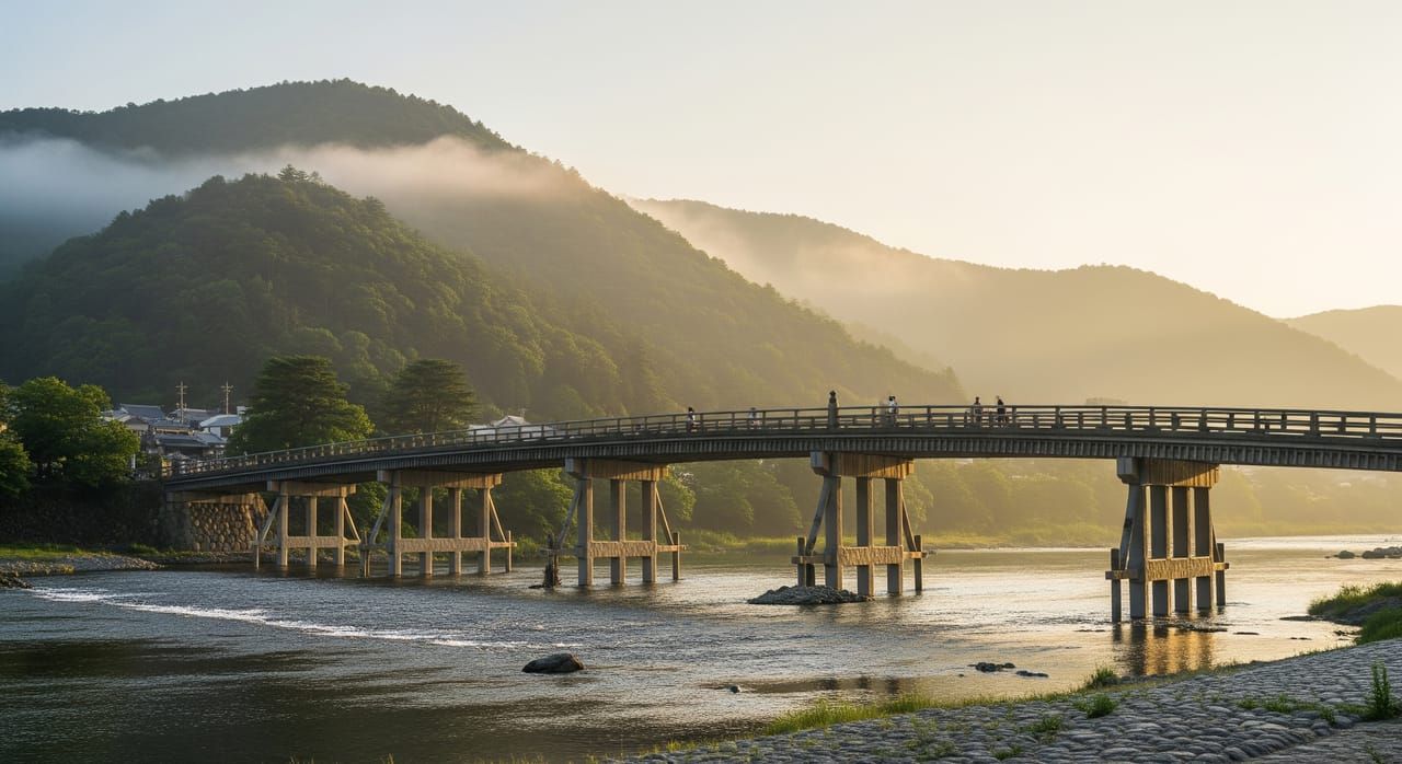 Togetsukyo Bridge spanning the Oi River at Arashiyama with forested mountains behind