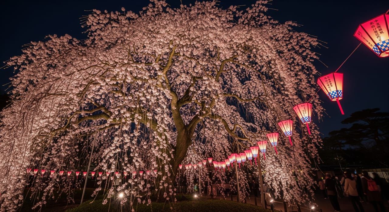 Giant weeping cherry tree illuminated at night in Maruyama Park, Kyoto