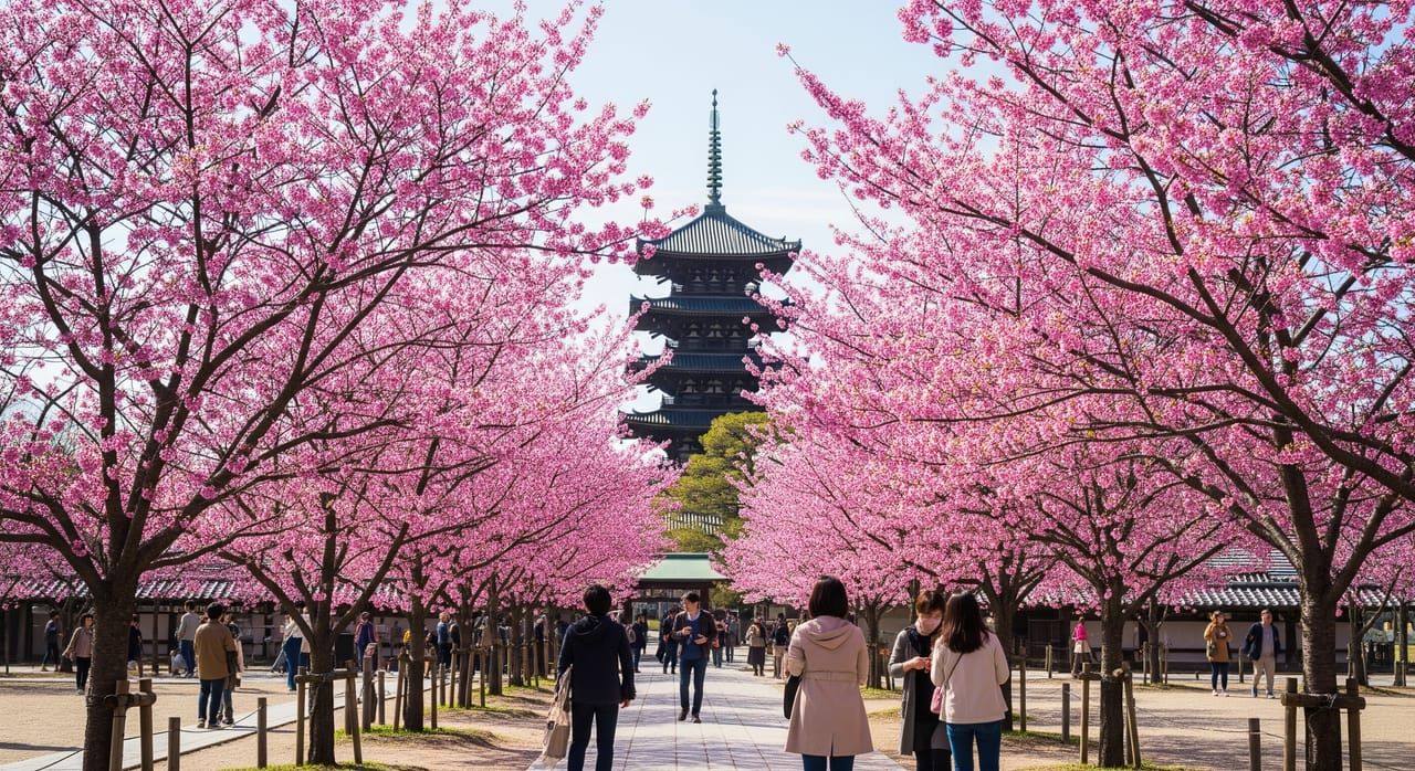 Low-growing omuro zakura cherry trees in full bloom at Ninna-ji temple grounds in Kyoto with five-story pagoda in background