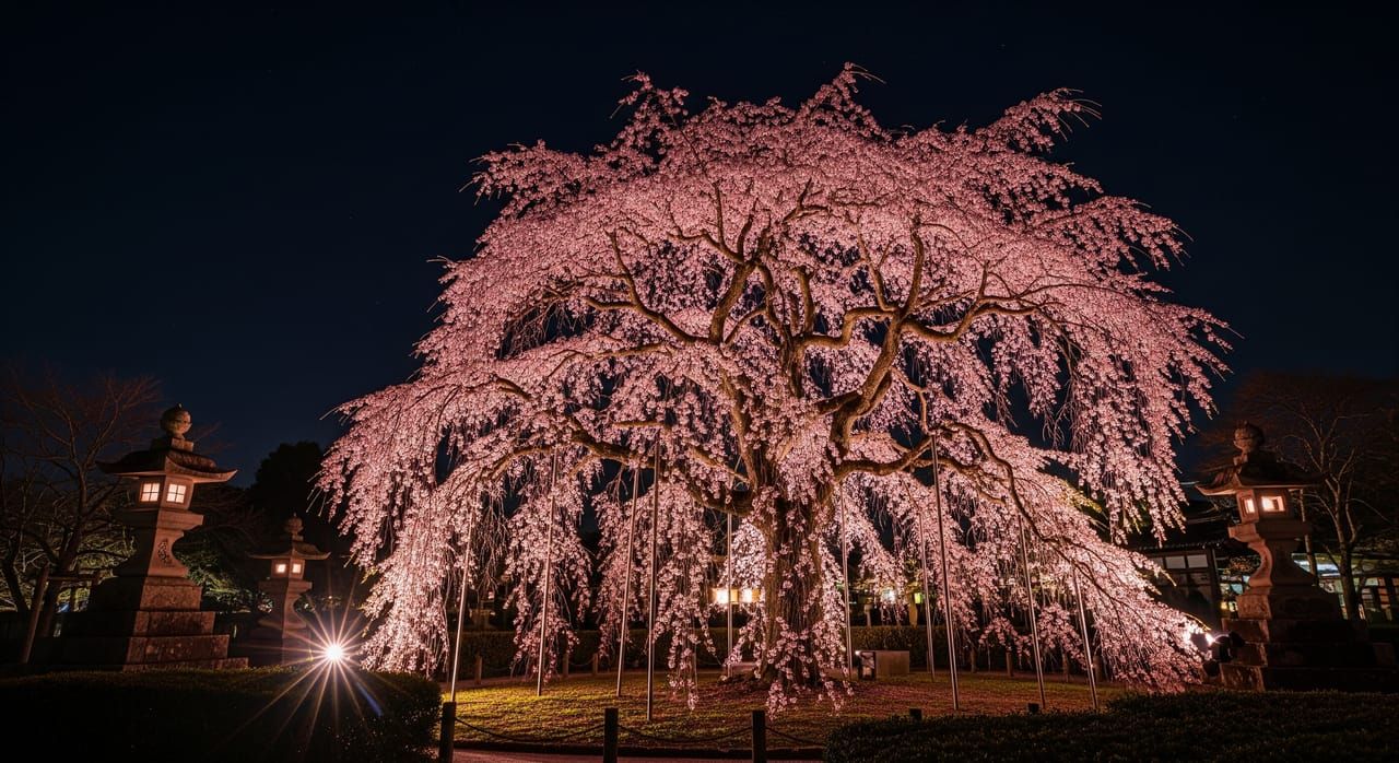 Illuminated weeping cherry tree at Maruyama Park at night during peak bloom
