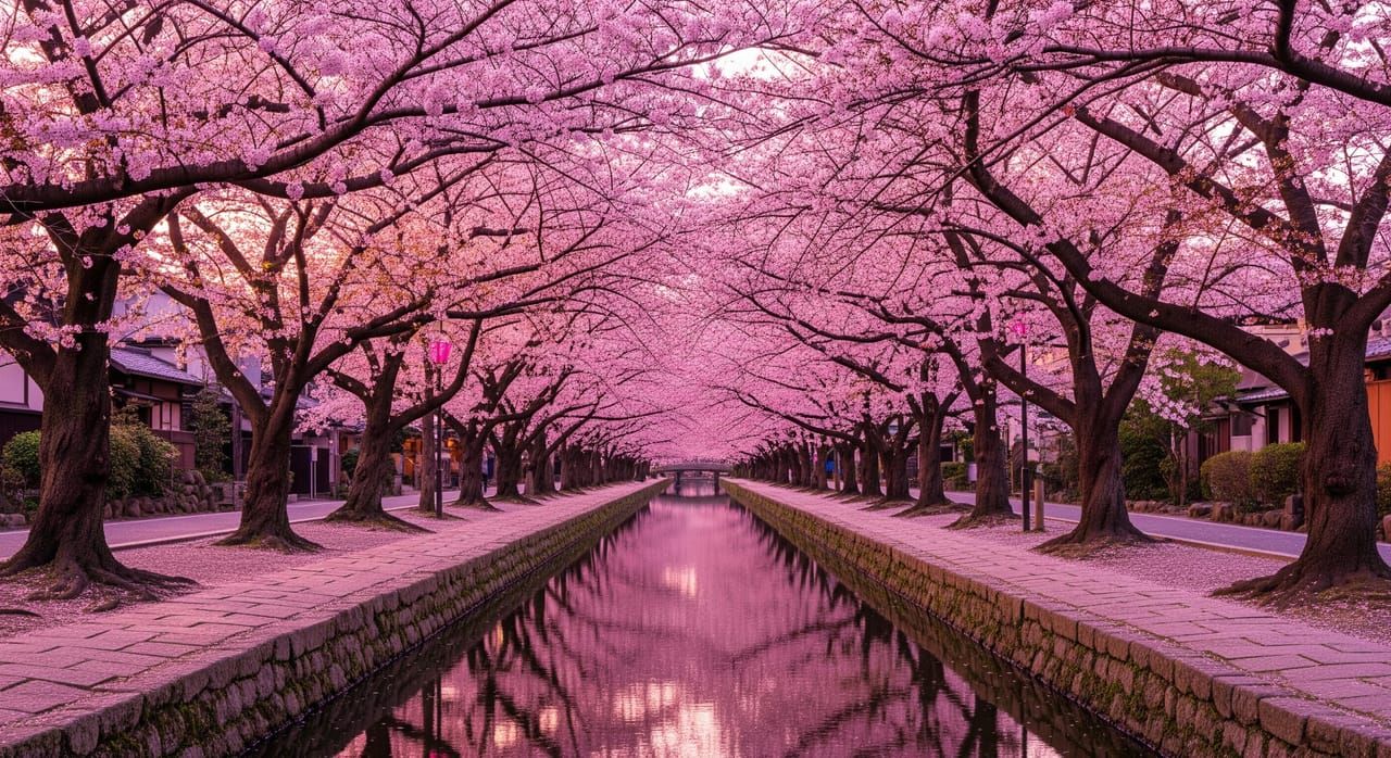 Cherry blossom canopy tunnel over Philosopher's Path canal in early morning light