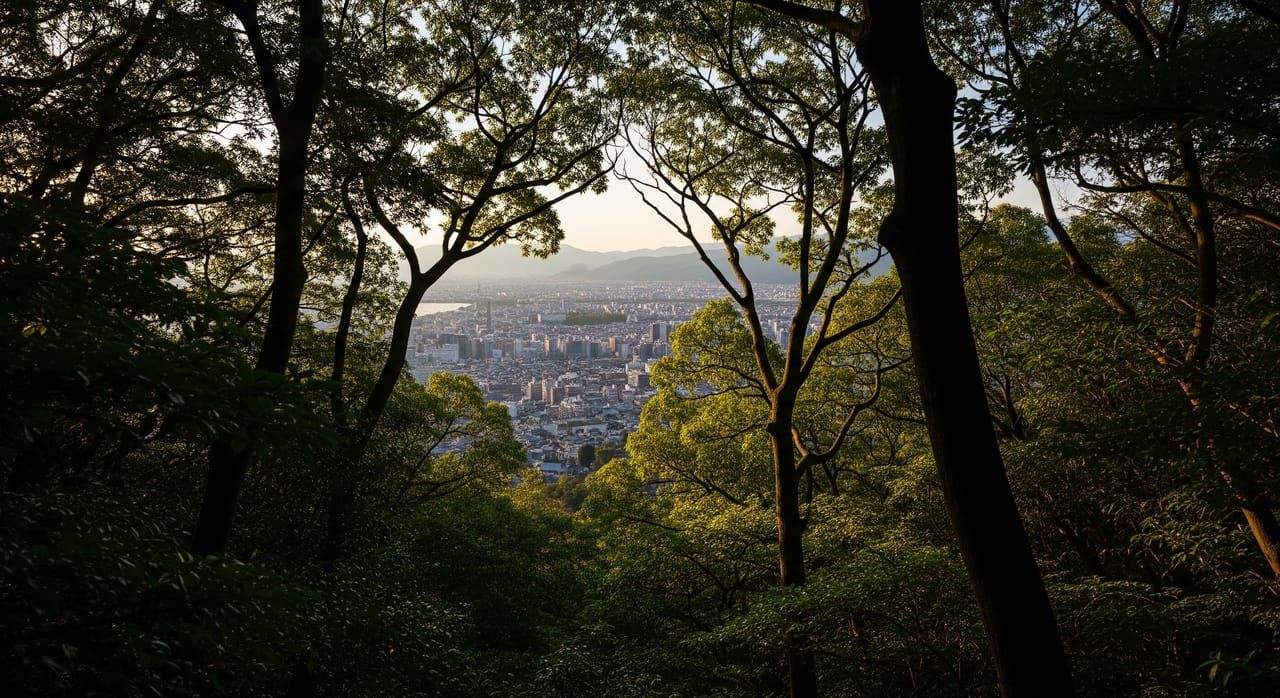 View from Fushimi Inari mountain looking over Kyoto cityscape through tree canopy