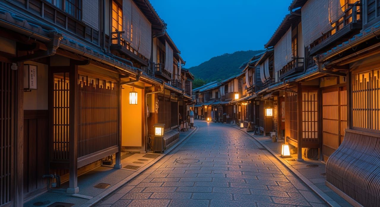 Traditional Gion lantern-lit street at twilight, wooden teahouse facades glowing warmly