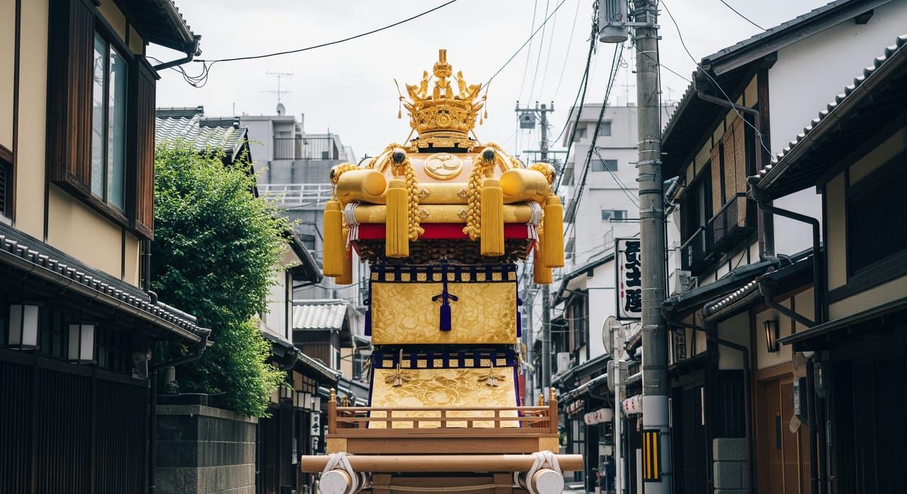 Towering Yamaboko float decorated with golden tapestries on the streets of central Kyoto