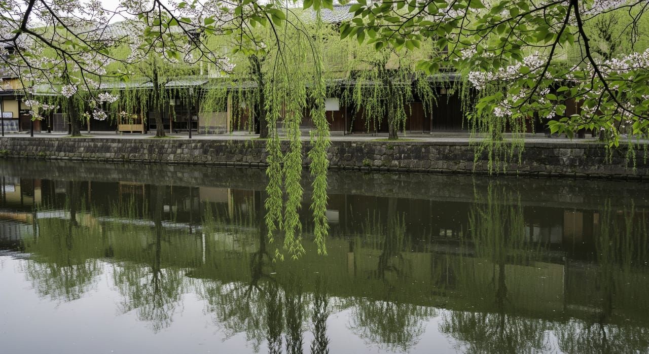 Shimbashi canal in Gion with weeping willows and traditional buildings reflected in water