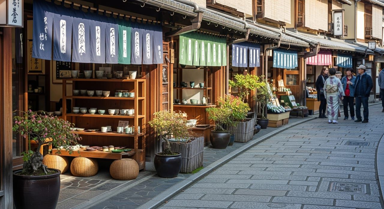 Ninenzaka lane with traditional wooden storefronts selling ceramics and matcha, stone-paved path