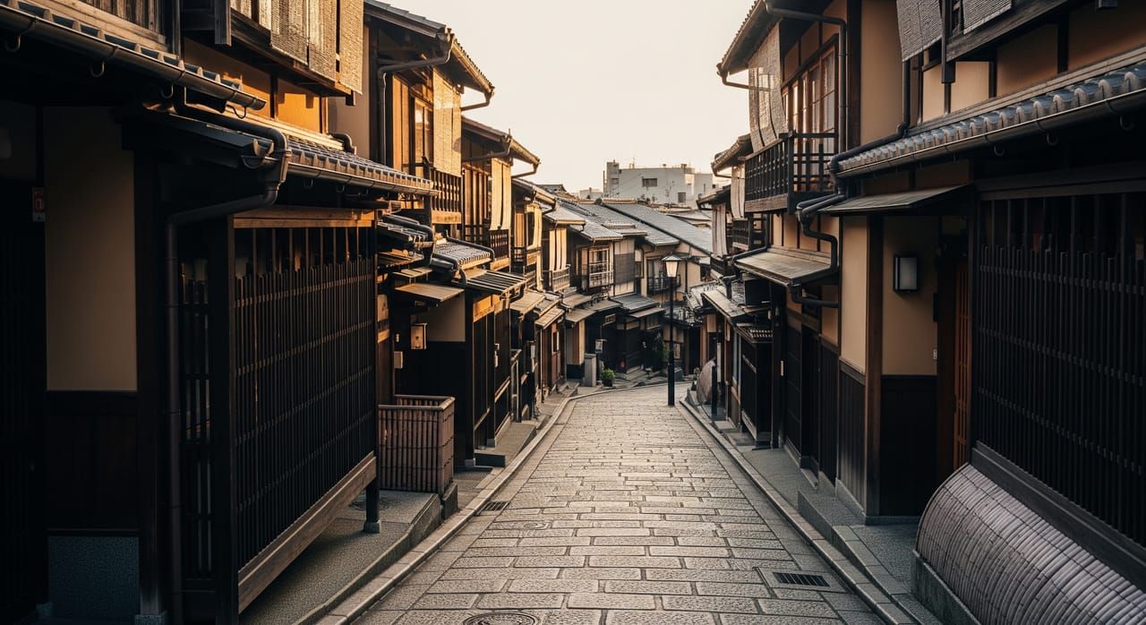 Sannenzaka stone-paved lane in early morning with traditional machiya townhouses on both sides