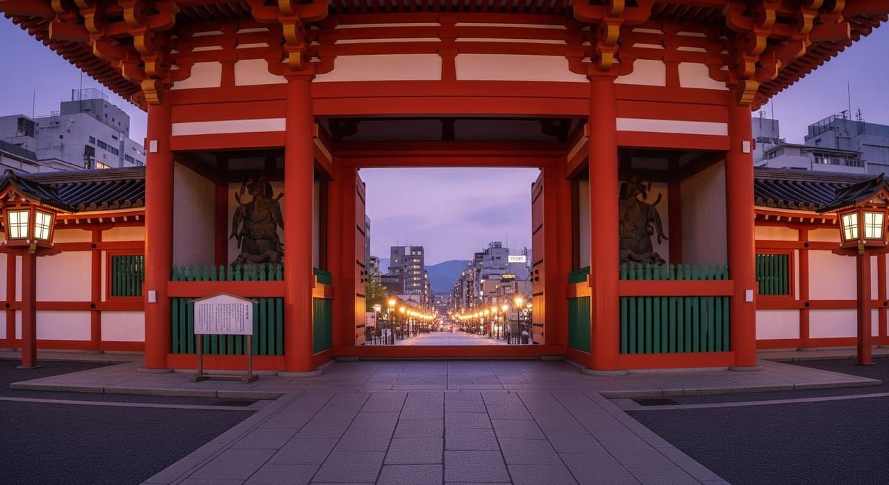 Yasaka Shrine vermilion nishi-romon gate at twilight with Shijo Avenue and city lights visible beyond, soft dusk sky