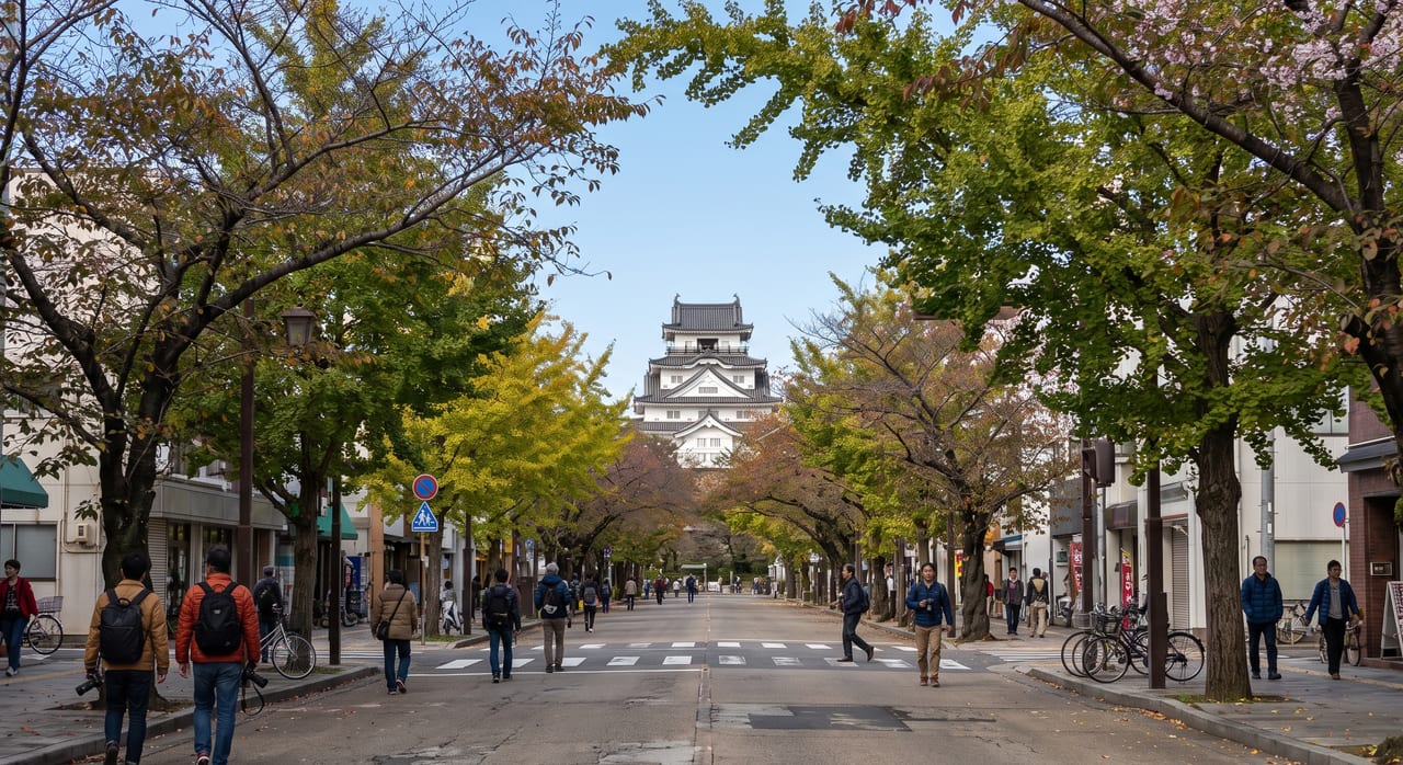 The white keep of Himeji Castle seen straight down the wide tree-lined approach avenue from Himeji Station on a clear day