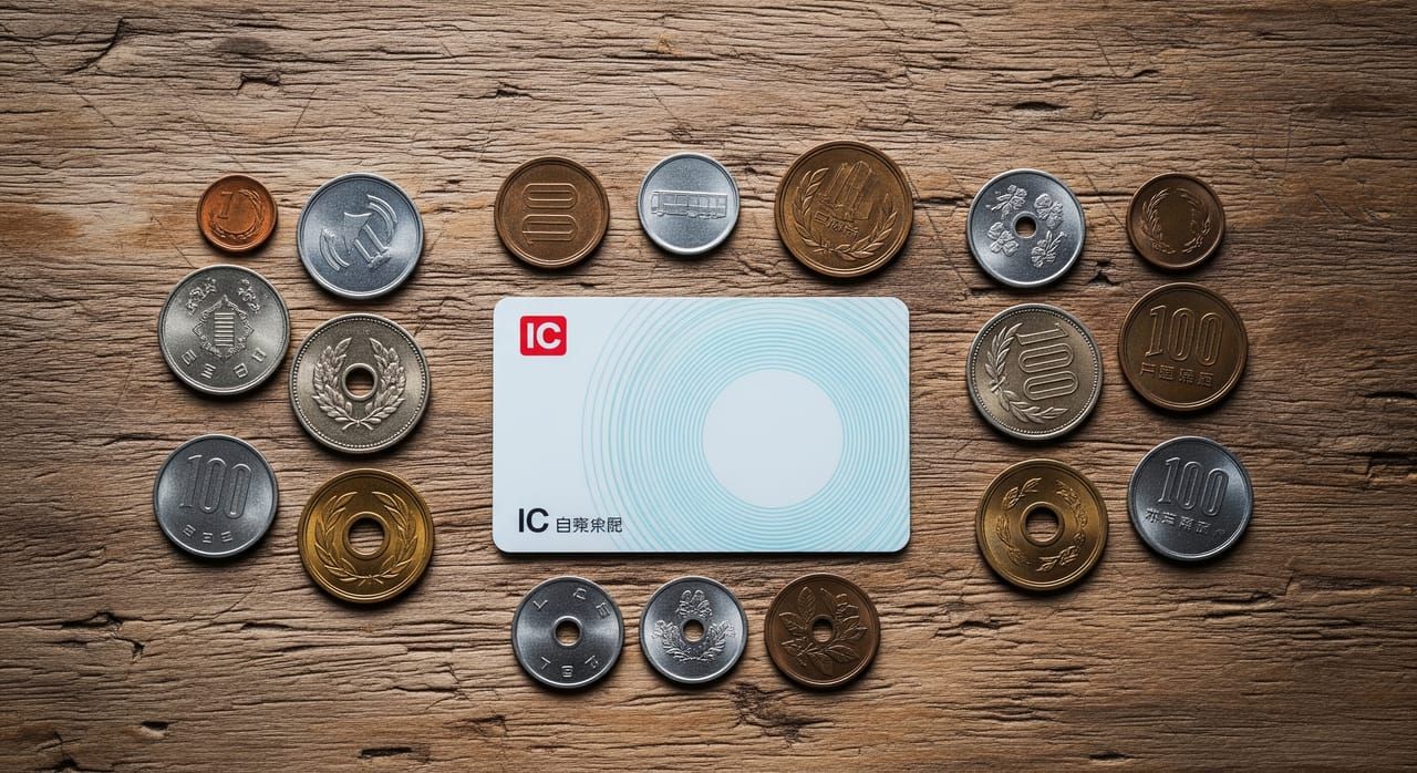 IC transportation card and Japanese yen coins on wooden surface