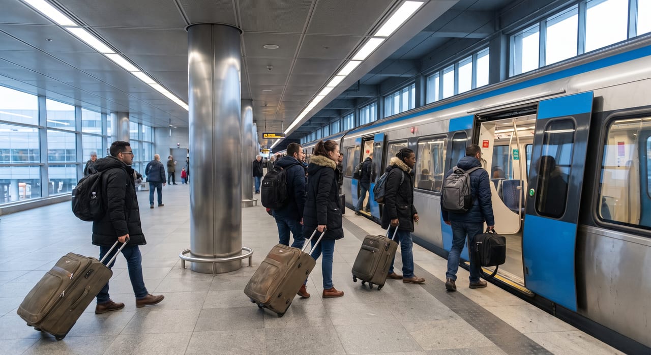 JR Haruka limited express train waiting at the platform inside Kansai International Airport station with travellers boarding with suitcases