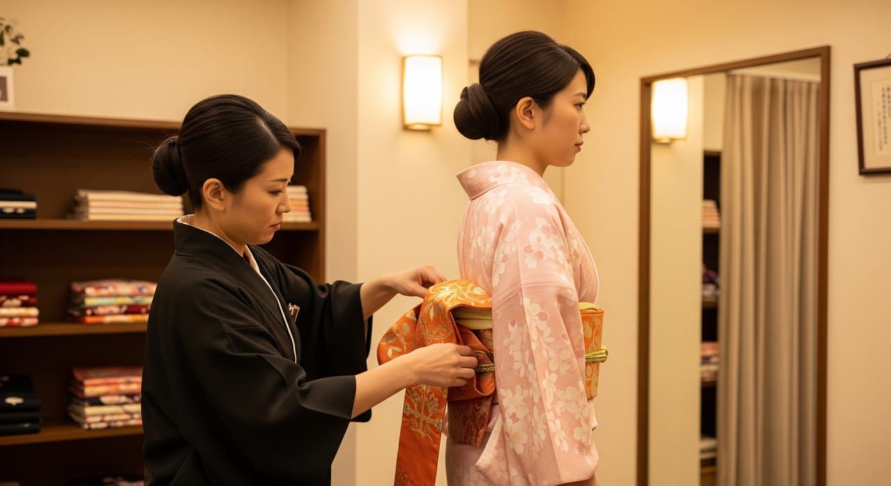 Interior of a Kyoto kimono rental shop dressing room, staff member carefully tying an obi sash around a customer in a soft floral kimono, warm shop lighting