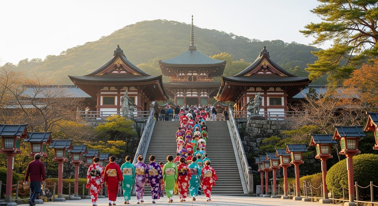 Visitors in colorful kimono carefully ascending the stone steps leading to Kiyomizudera temple in Kyoto, forested hillside in background, late morning light