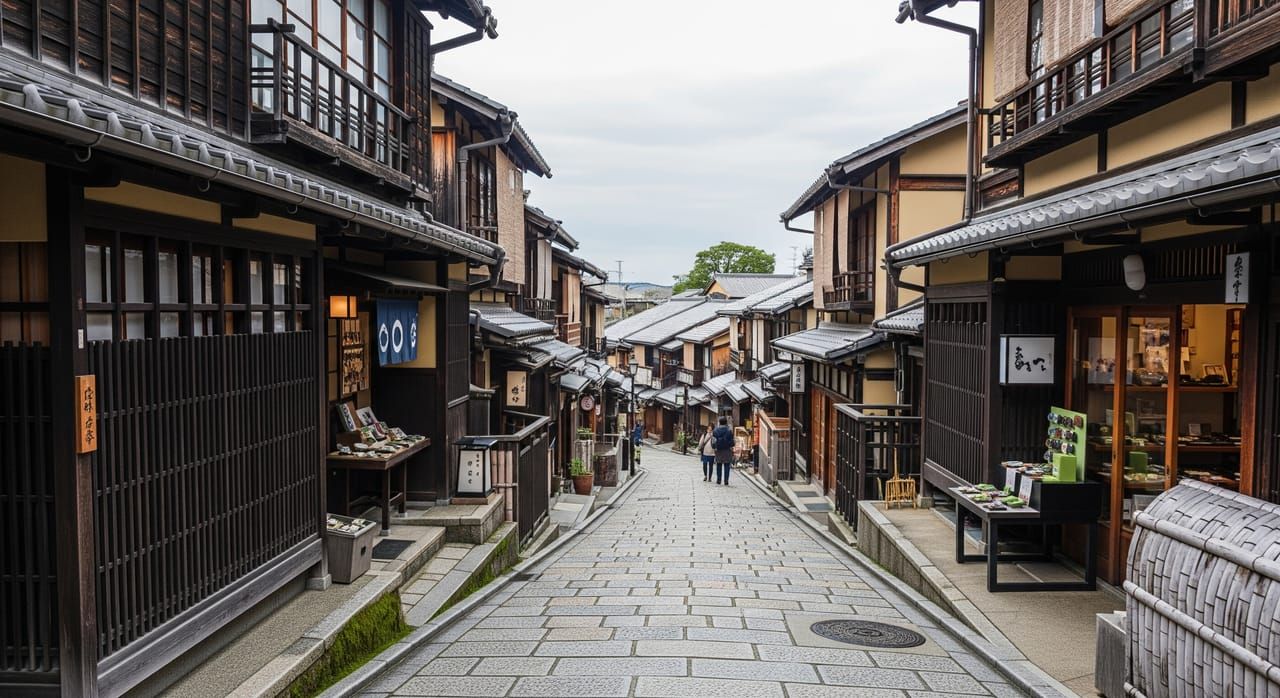 Traditional stone-paved Sannenzaka lane lined with machiya townhouses and souvenir shops in Higashiyama Kyoto