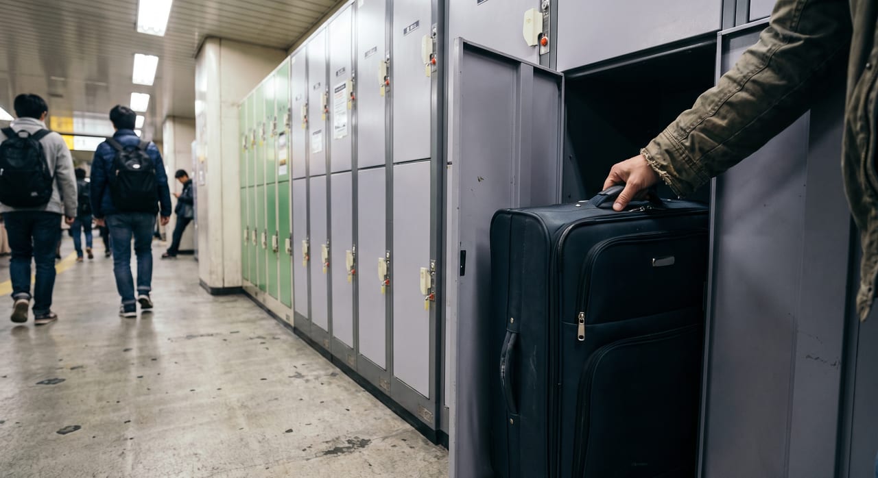 A bank of coin lockers in a Japanese railway station with a traveller placing a suitcase into a large locker