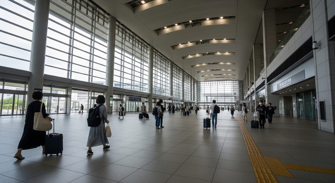 Kyoto Station grand hall interior with travelers arriving with luggage