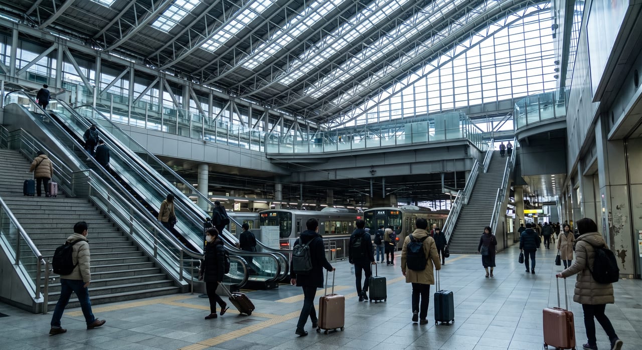 The vast steel and glass central atrium of Kyoto Station with staircases and travellers crossing the concourse