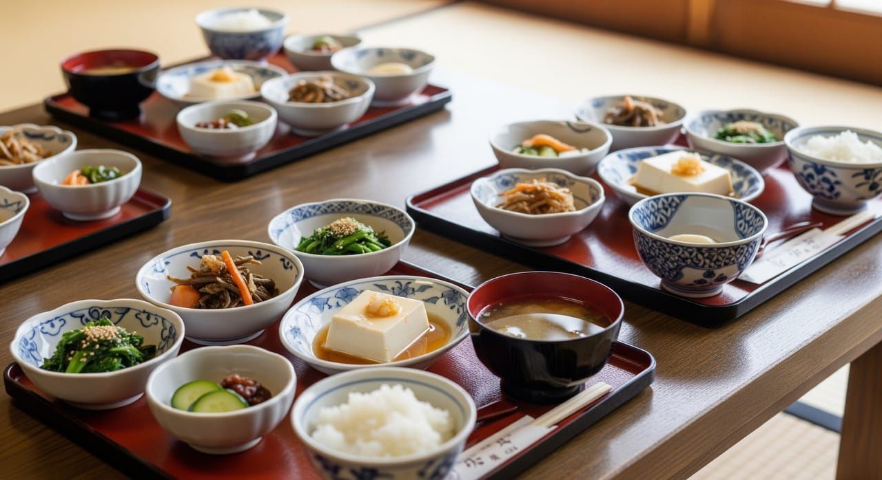 Traditional shojin ryori multi-course meal served on lacquerware trays