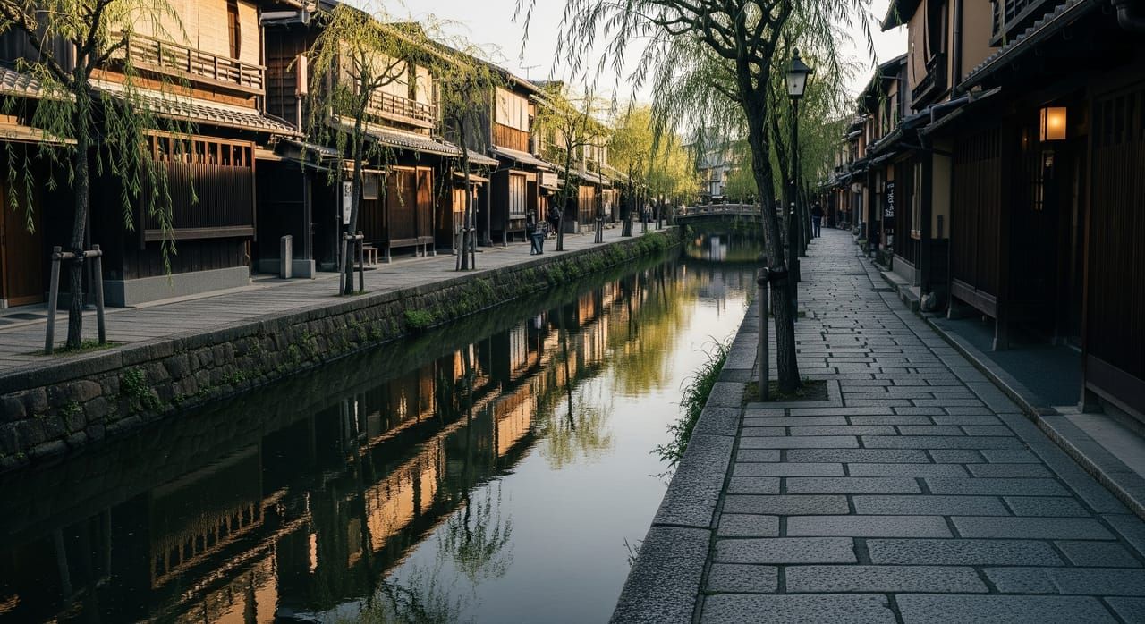 Shimbashi canal in Gion district with traditional ochaya teahouses reflected in still water, willow trees and stone lanterns lining the bank