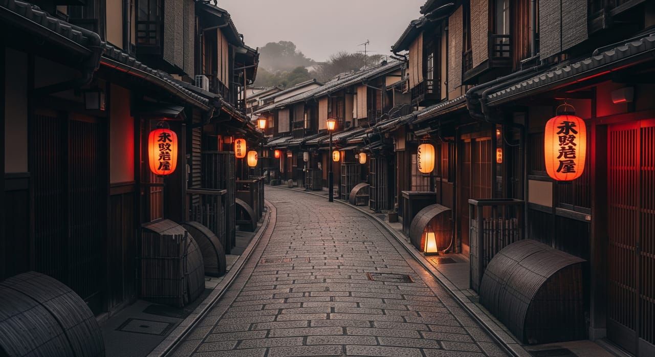 Lantern-lit Hanamikoji Street in Gion at dusk