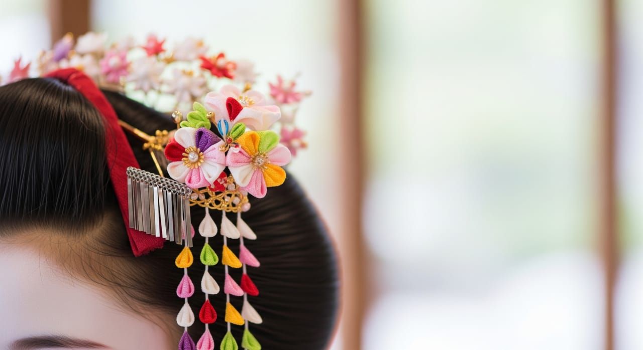 Close-up of maiko kanzashi hair ornaments in seasonal flower design