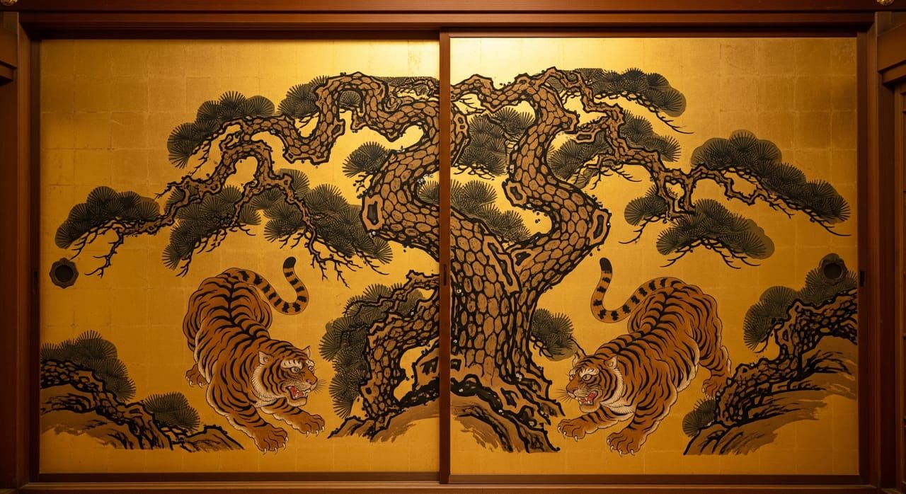 Close-up of Kano school gold leaf paintings on sliding doors inside Ninomaru Palace showing tigers and pine trees