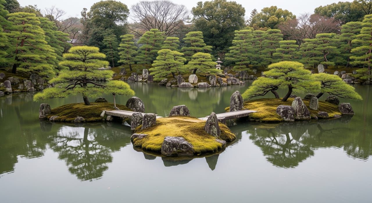 Ninomaru Garden at Nijo Castle with stone islands, shaped pine trees, and still reflecting pond under soft overcast Kyoto sky