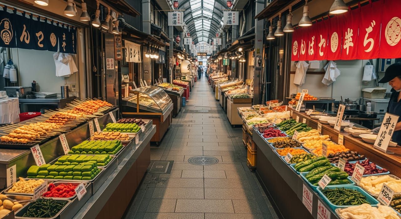 Colorful Nishiki Market stalls with grilled skewers, matcha sweets, and pickled vegetables