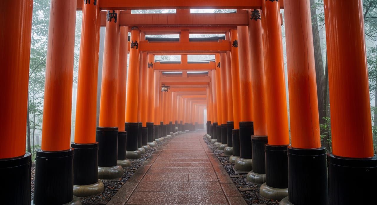 Fushimi Inari torii tunnel in misty rain