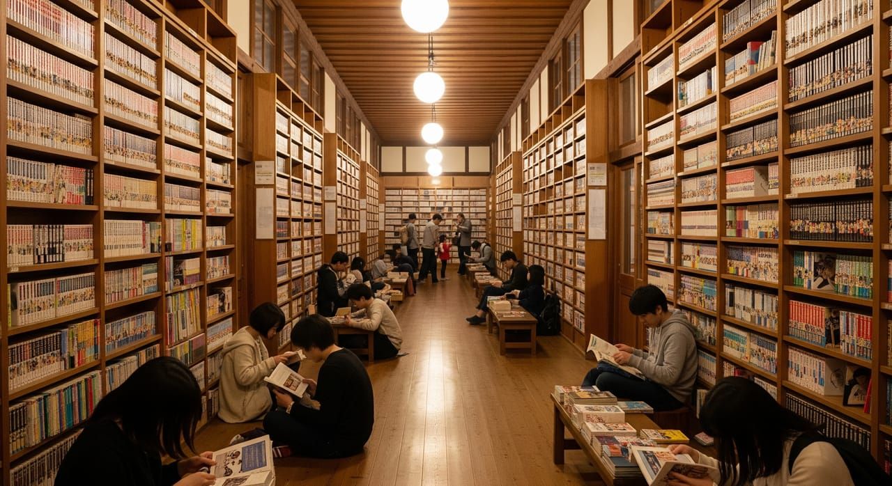 Kyoto International Manga Museum interior with shelves of manga