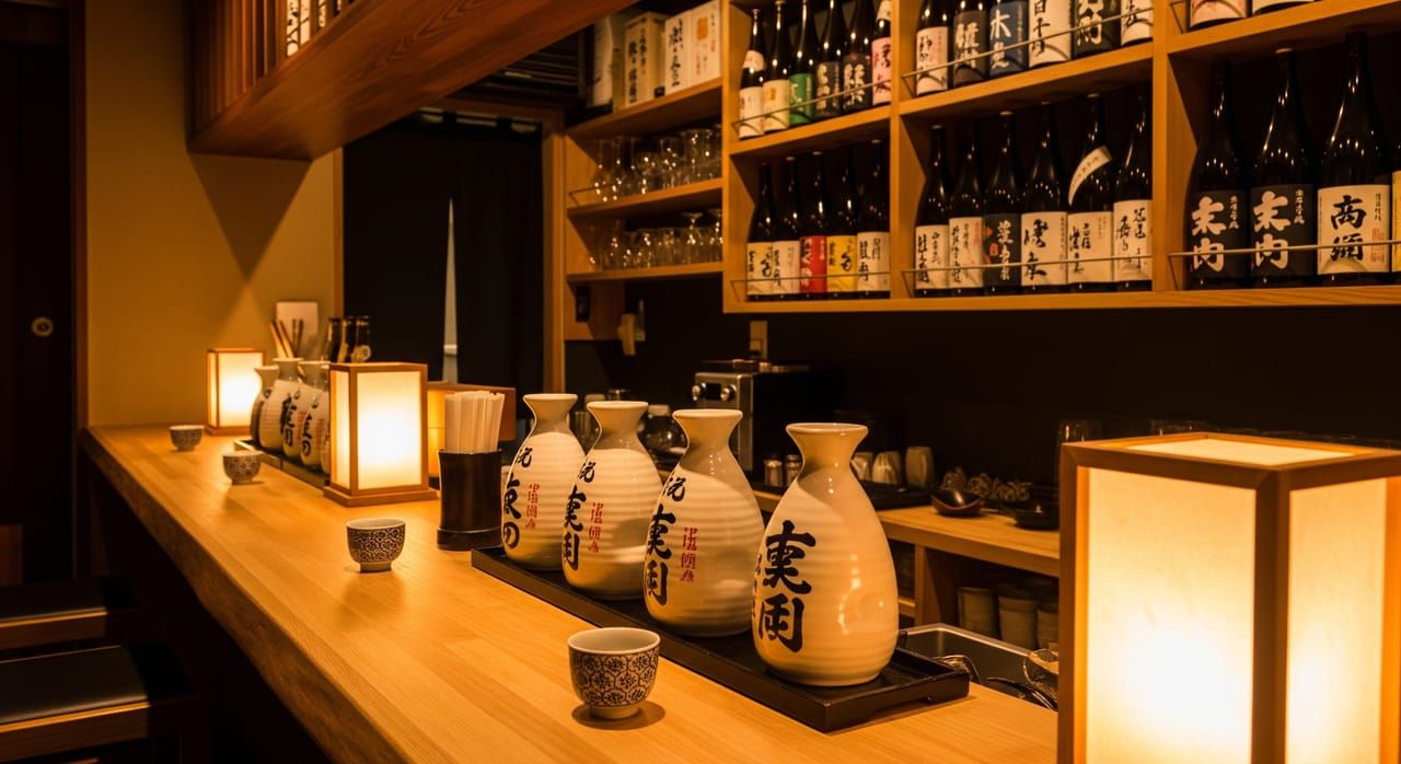 Intimate sake bar interior in Gion Kyoto with wooden counter, ceramic tokkuri carafes, and warm lantern light
