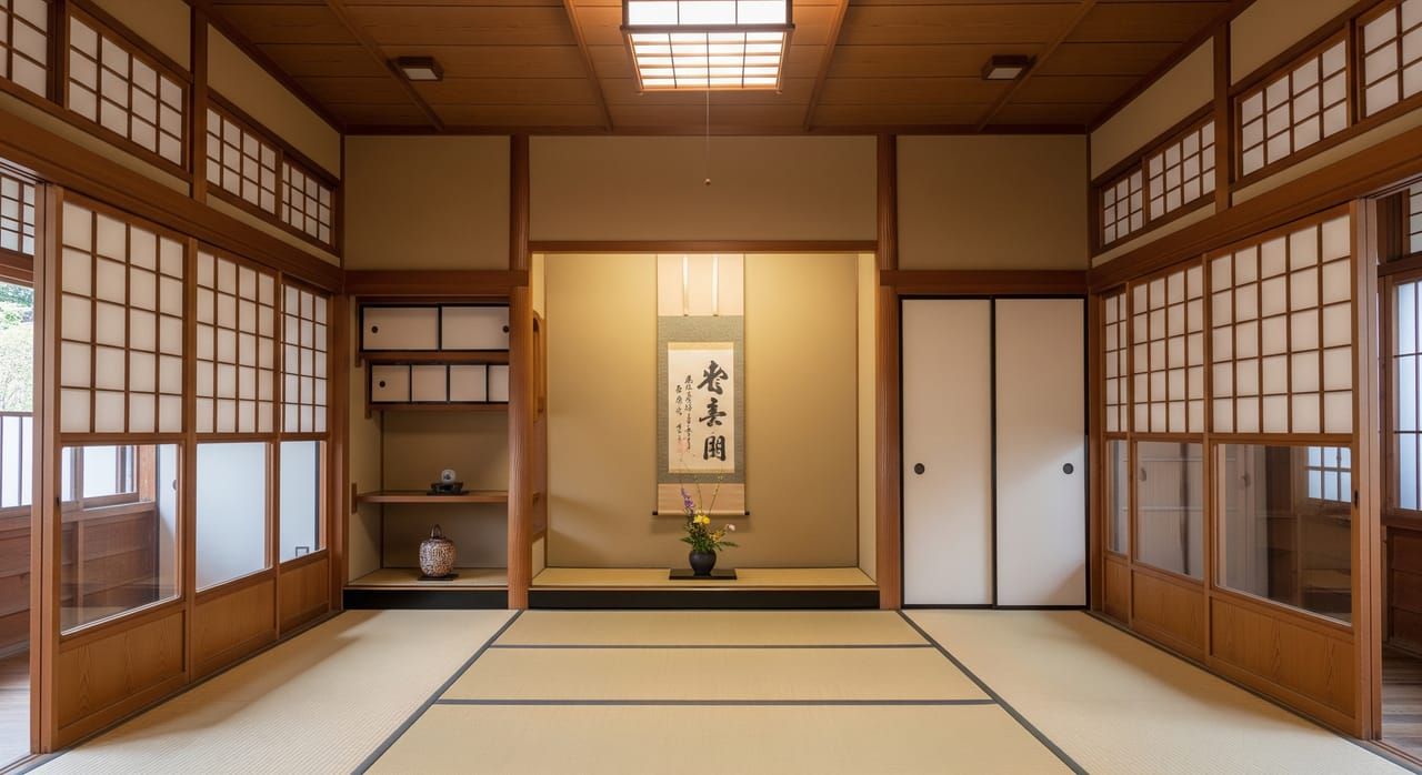 Traditional tea room interior in Higashiyama district with tatami floor and tokonoma alcove