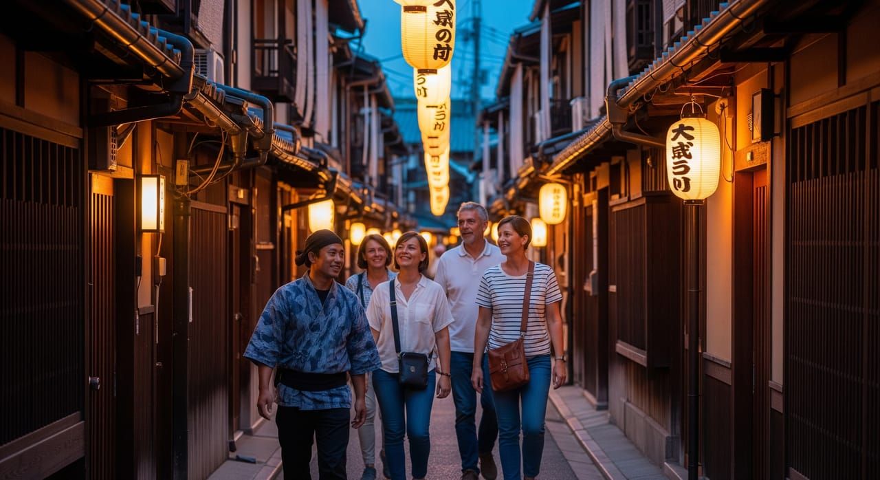 A local Kyoto tour guide leading guests through a traditional lantern-lit street