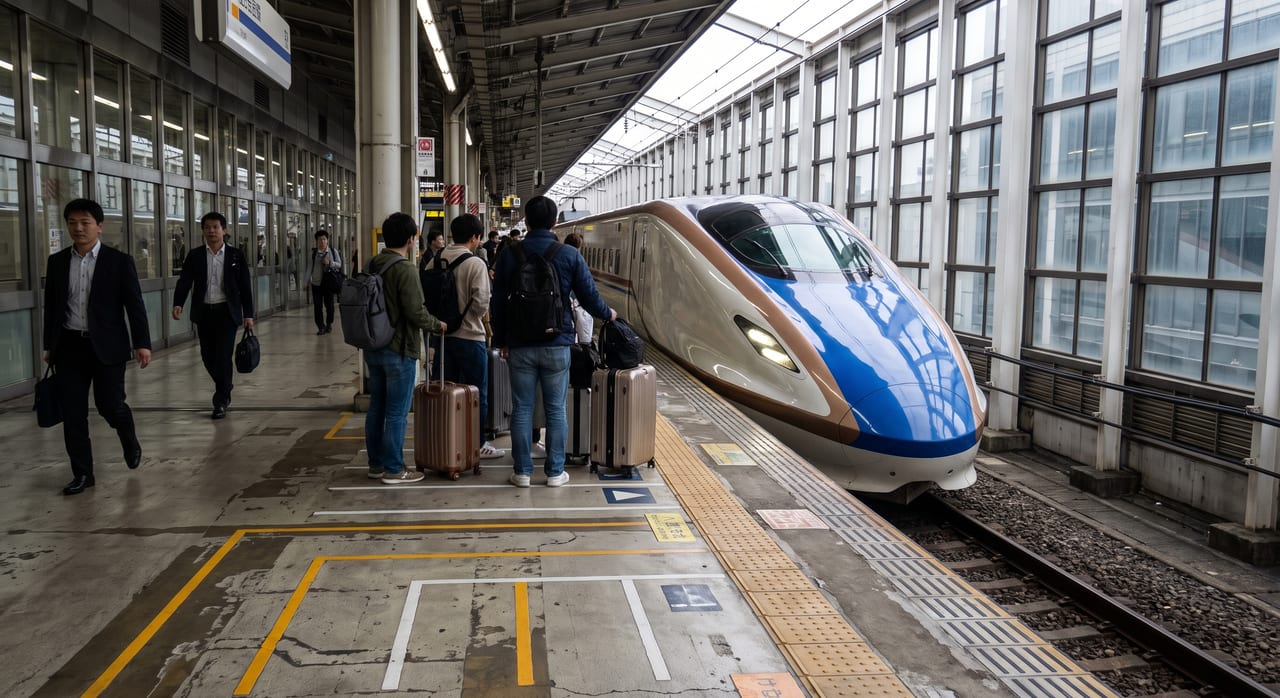 White and blue Tokaido Shinkansen train waiting at a platform at Tokyo Station with passengers boarding