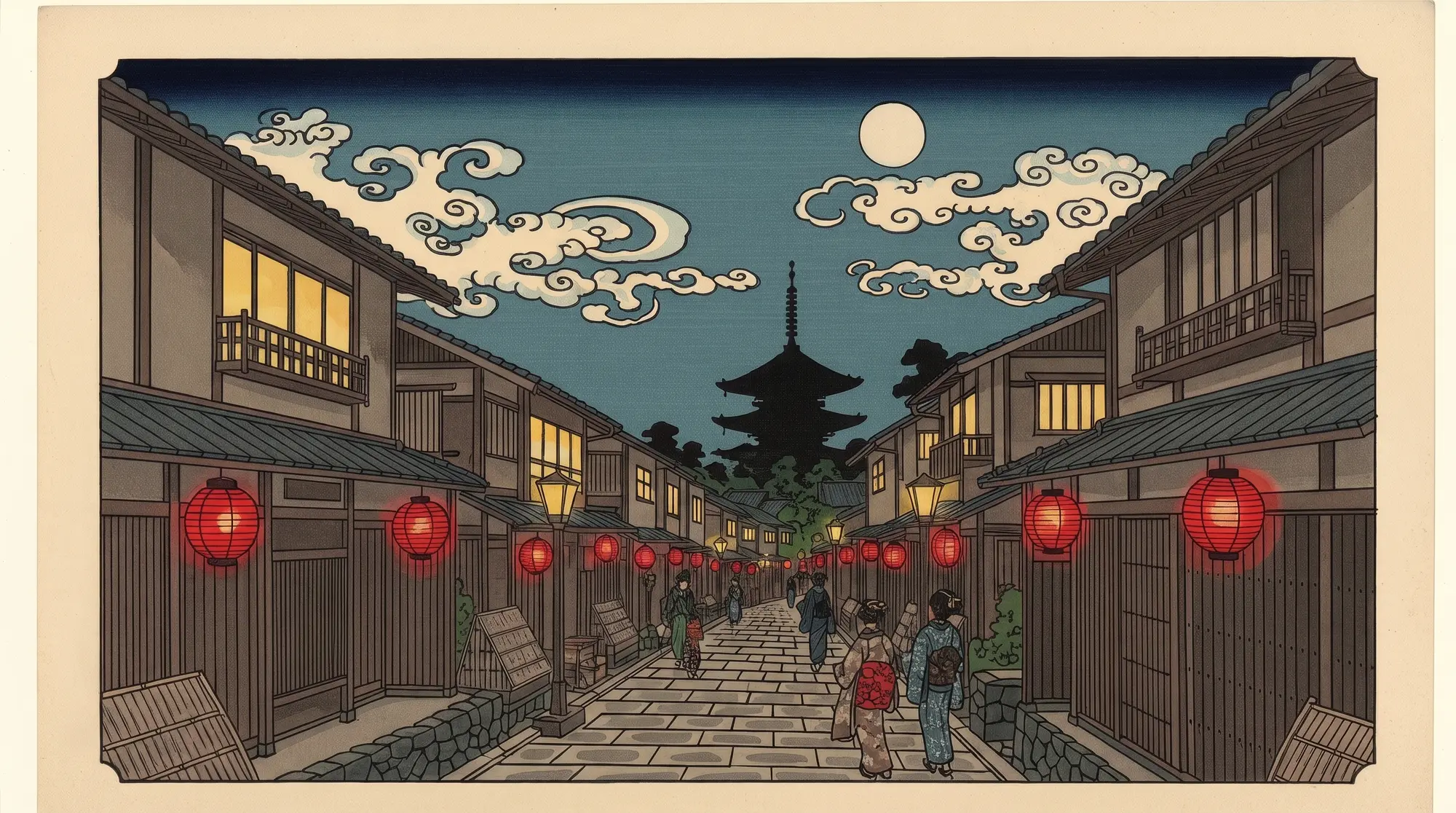 Ukiyo-e style woodblock print of Gion, Kyoto at night